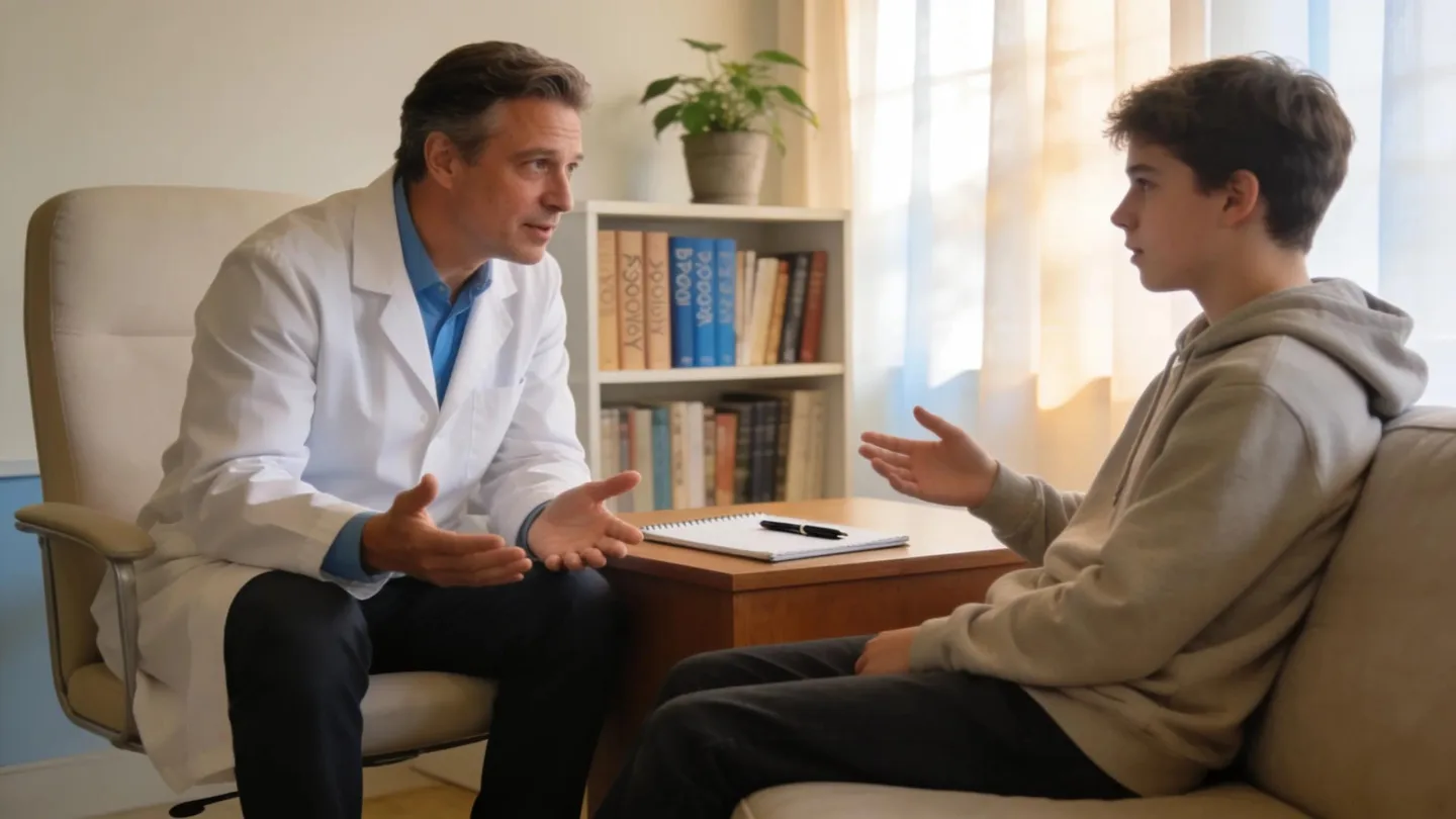 Psychiatrist conducting a comprehensive evaluation with a teenager in a professional setting