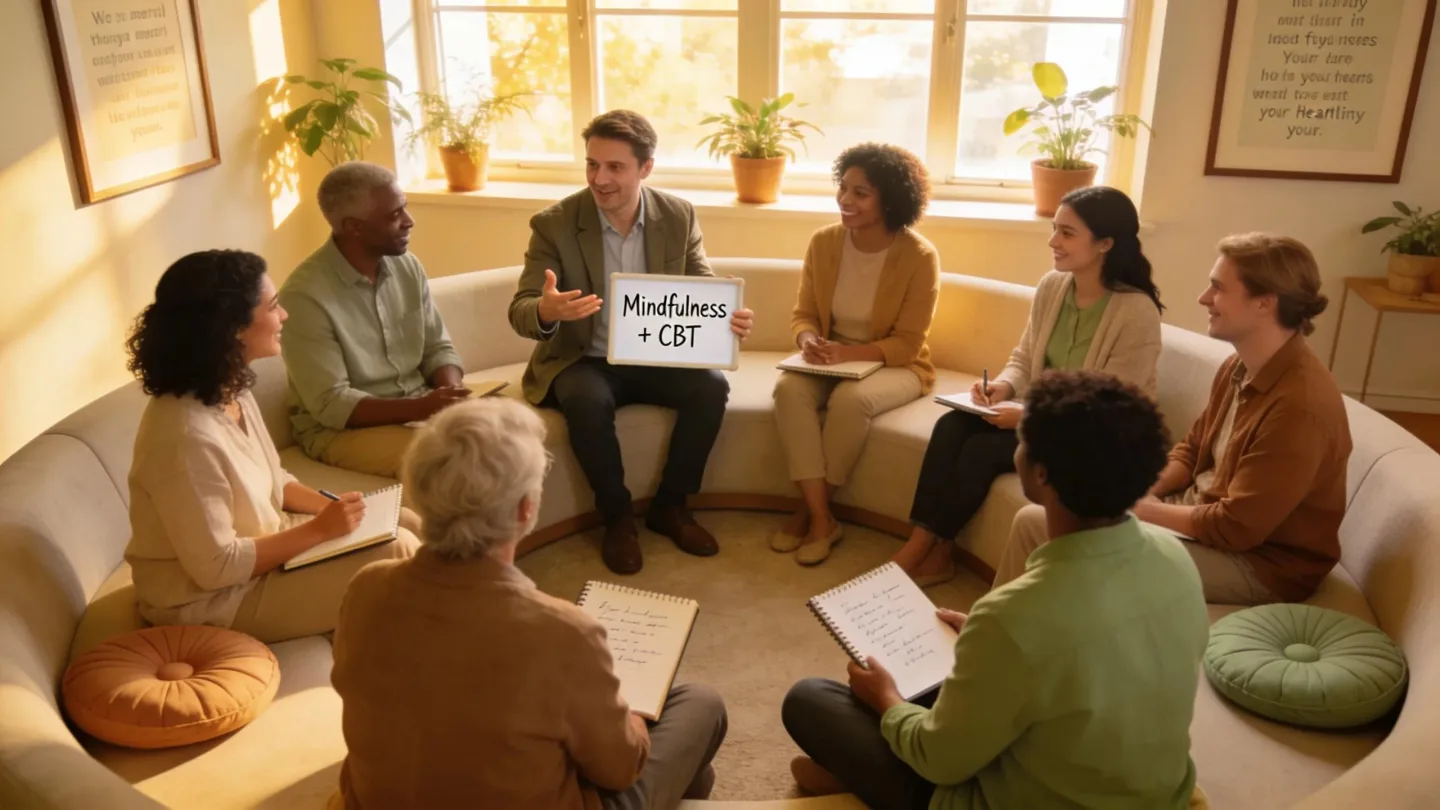 Group discussion in a psychiatric setting, illustrating integrative care for depression management