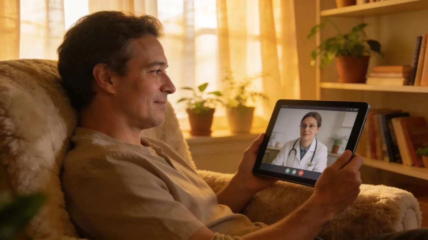 Adult engaging in a virtual psychiatric consultation, highlighting the benefits of remote care accessibility and comfort