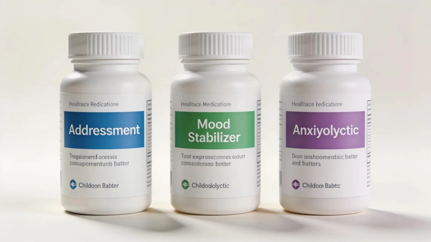Variety of psychiatric medication bottles for antidepressants, mood stabilizers, and anxiolytics