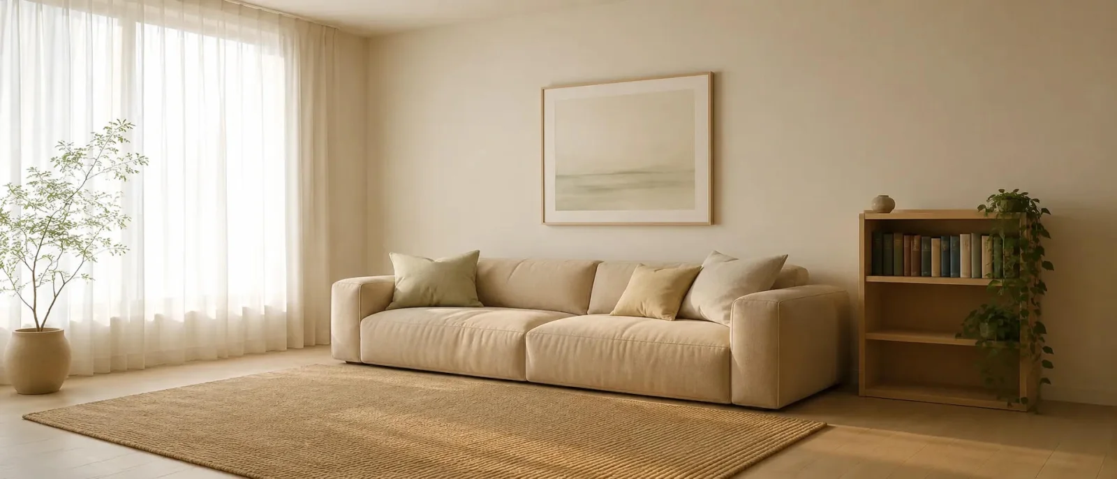 A light-filled sitting room with a sofa and a bookshelf